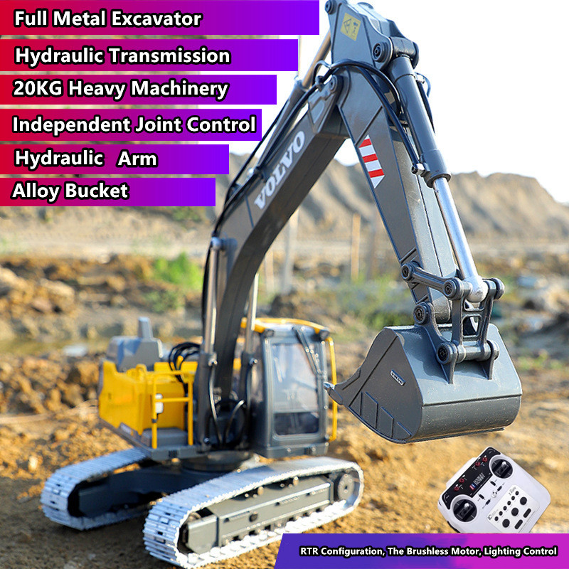 Rc Excavator Hydraulic - 全金属製電動トラック,e111,1:14,無制限,360 ° 回転,油圧ショベルアーム,合金バケット,ブラシレスモーター玩具